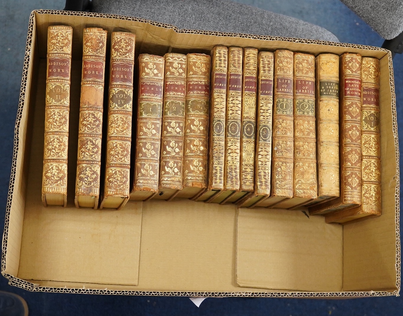 Bindings - Addison, John - The Miscellaneous Works, 4 vols, 8vo, calf, 1765; Fitz-Adam, Adam - The World, 3 vols, 12mo, calf, 1774; Churchill, C - 4 vols, 5th edition, 8vo, tree calf, 1774; Davies, Thomas - Memoirs of th